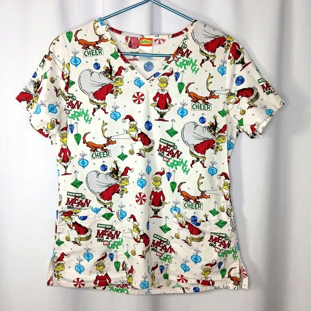 Dr. Seuss Grinch V-neck Scrub Top Christmas Holiday Cottn Short Slv Womens Small